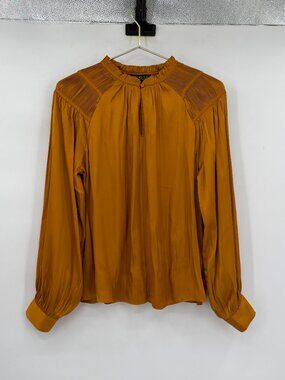 Rachel Zoe Women’s M Mustard Satin Blouse Pleated Yoke Long Sleeve